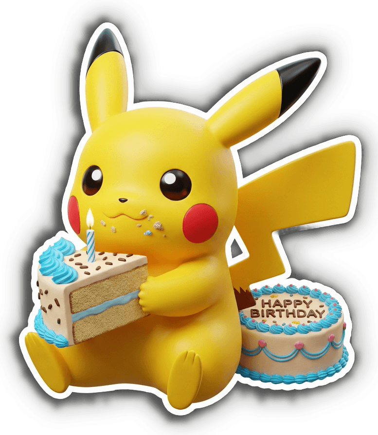 Pikachu eating a slice of birthday cake